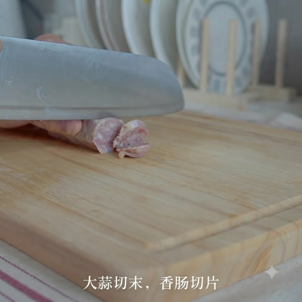 A kitchen knife slicing a sausage into rounds on a wooden cutting board.