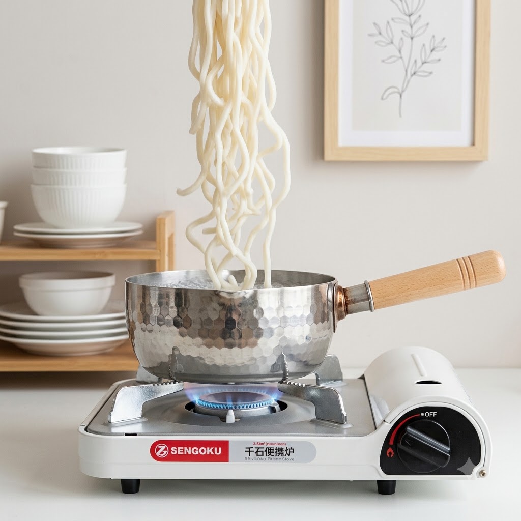 Udon noodles being boiled in a small metal pot over an open flame.
