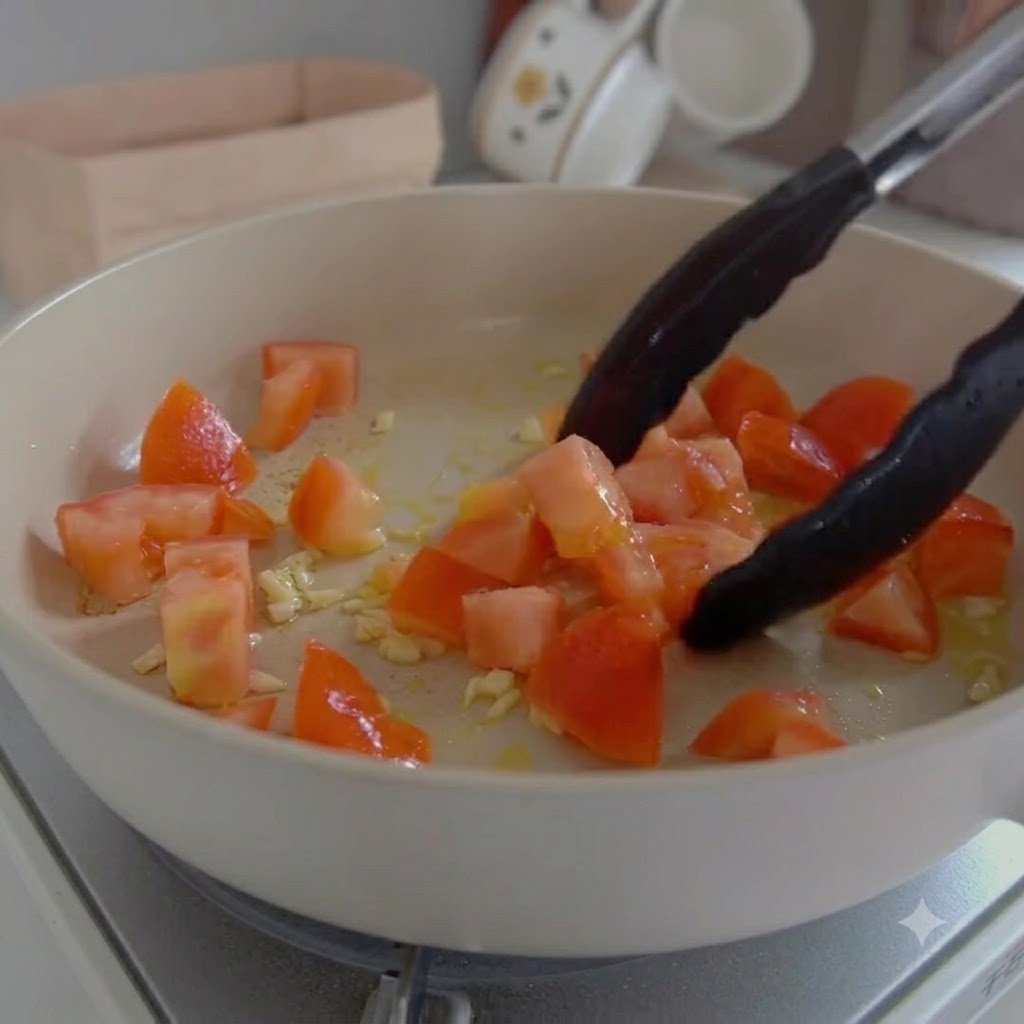 Chopped tomatoes, kimchi, and sausage slices being stir-fried in a white pan using kitchen tongs.