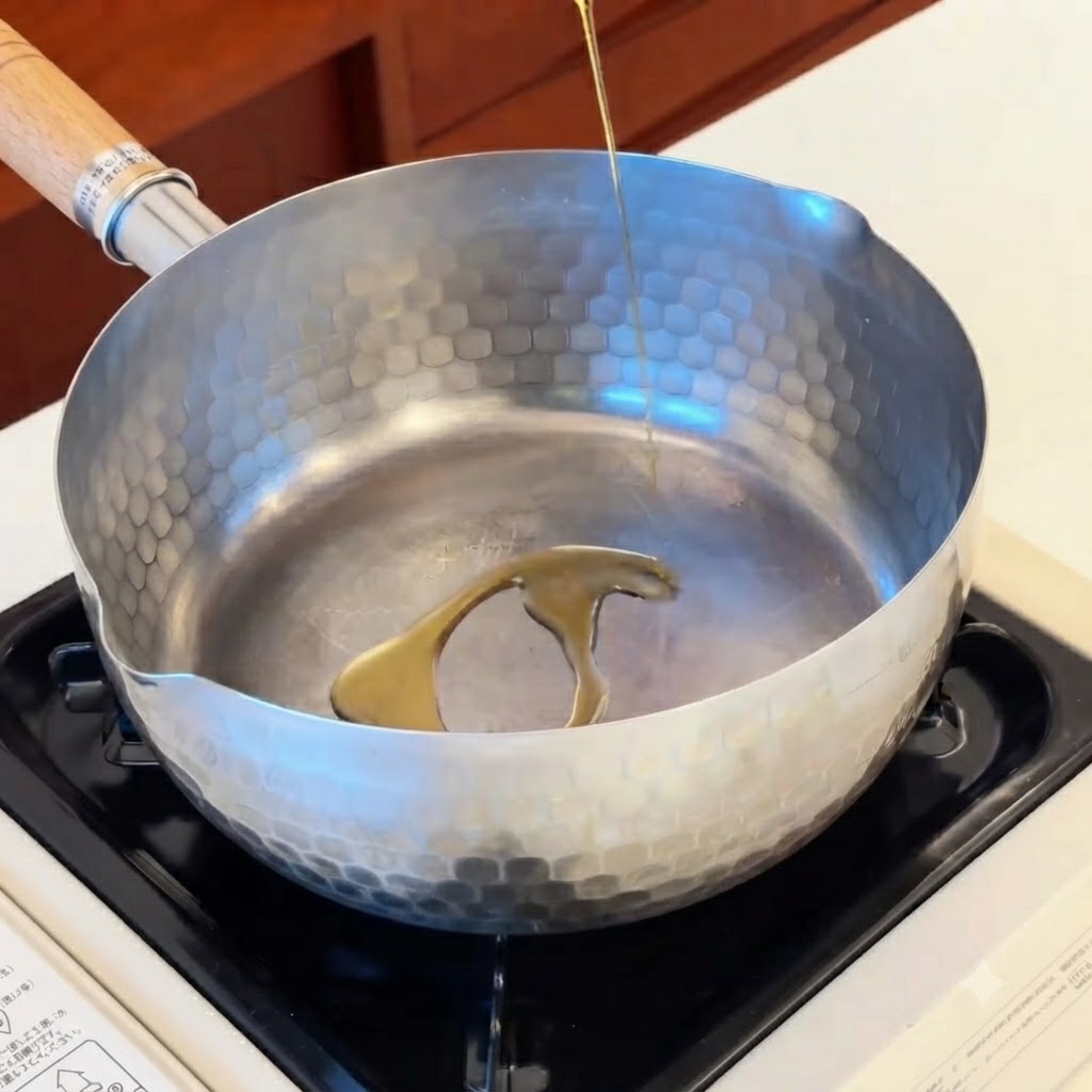 Golden sesame oil streaming down into the center of an empty metal cooking pot over a burner.