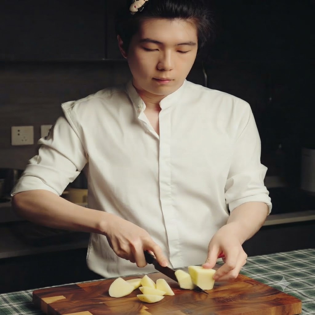 A person cutting a peeled potato into small chunks on a wooden cutting board using a knife.