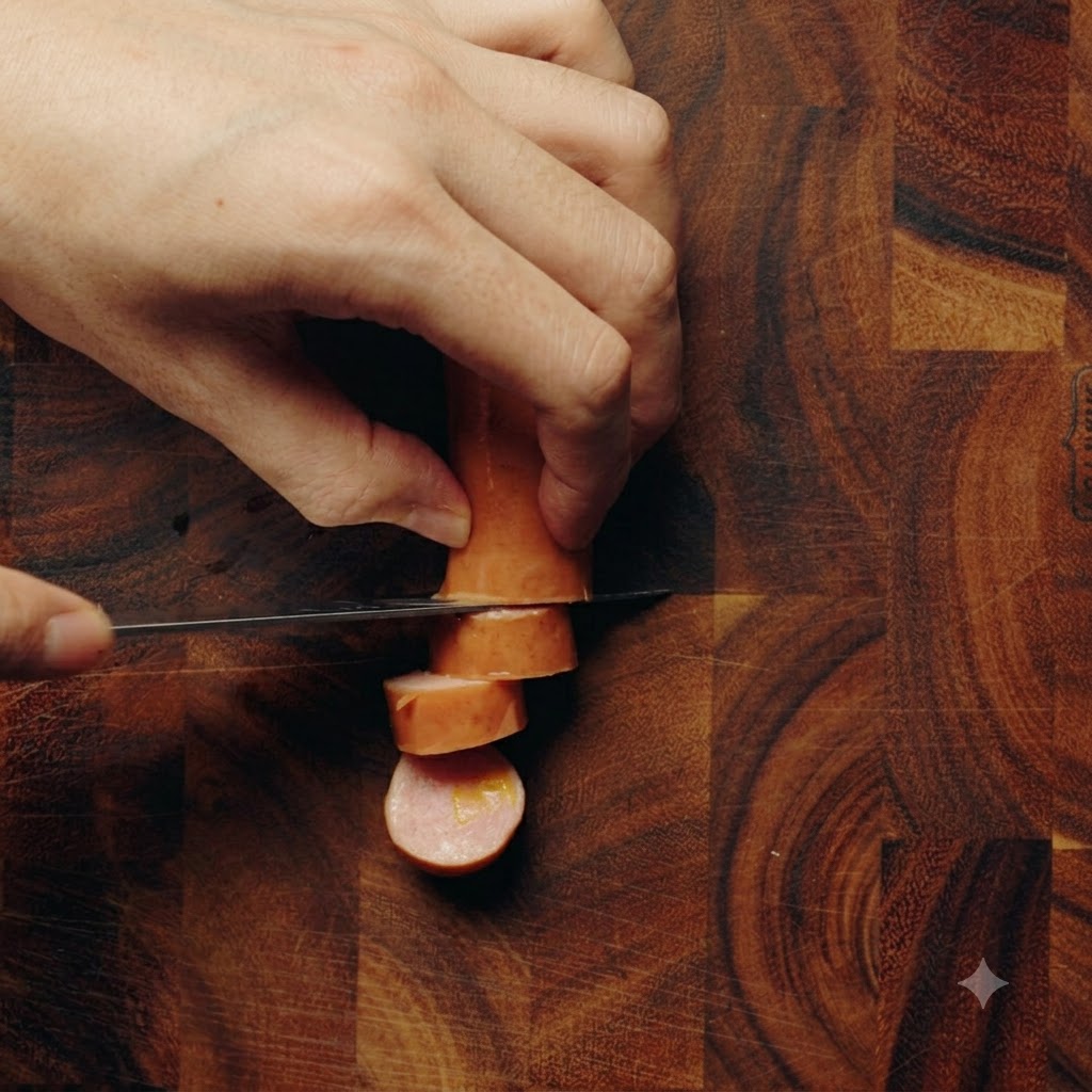 A hand slicing a cheese sausage into small sections on a wooden cutting board with a knife.