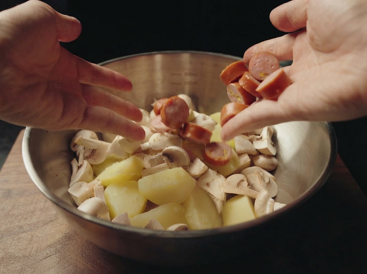 Hands adding sliced sausages and white mushrooms into a mixing bowl containing boiled potato pieces.