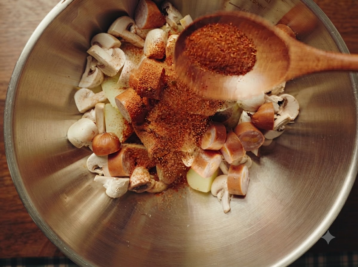 A wooden spoon dispensing cumin powder, chili powder, and salt over ingredients in a mixing bowl.