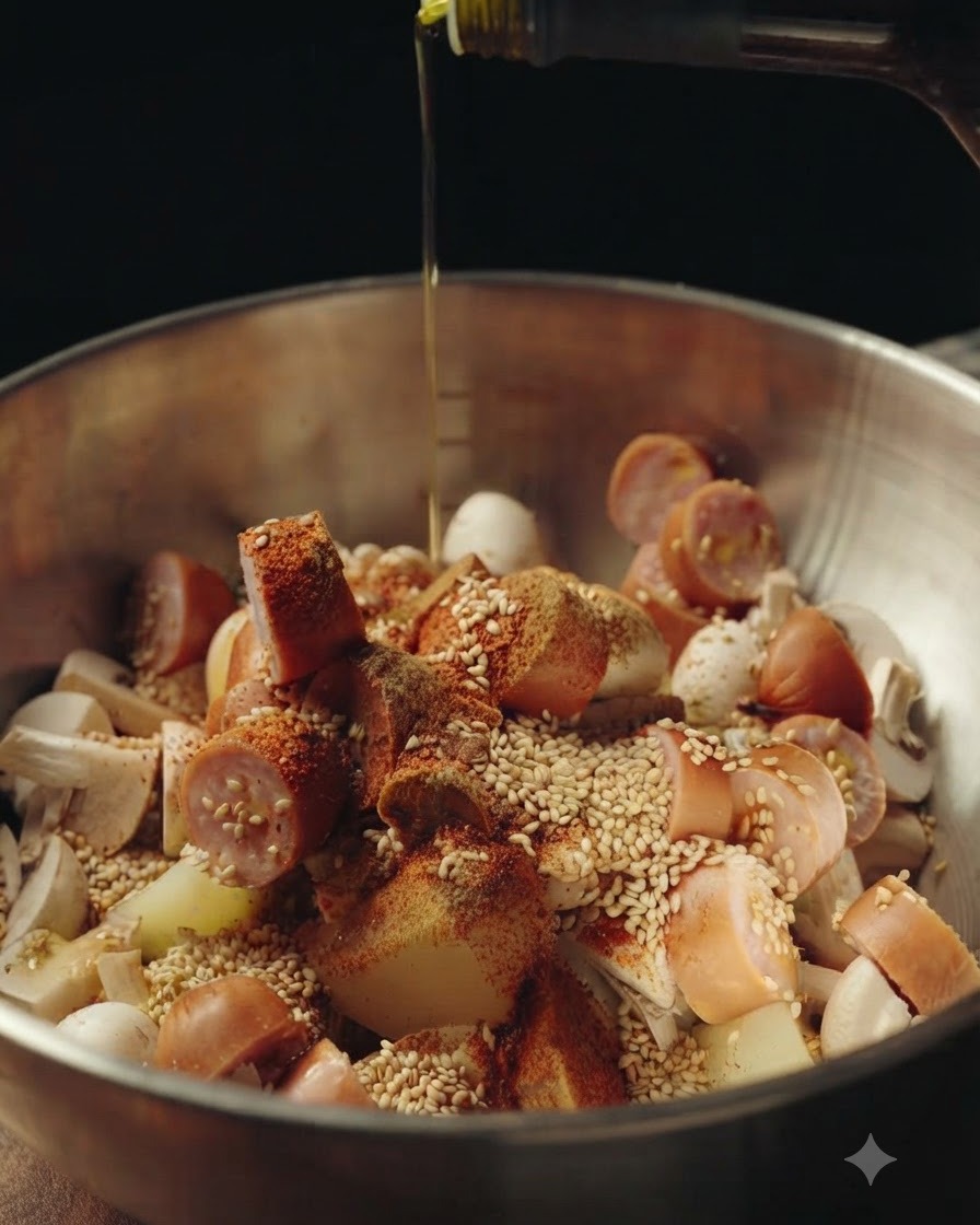Olive oil being poured from a bottle onto the seasoned mix of potatoes, mushrooms, and sausages.