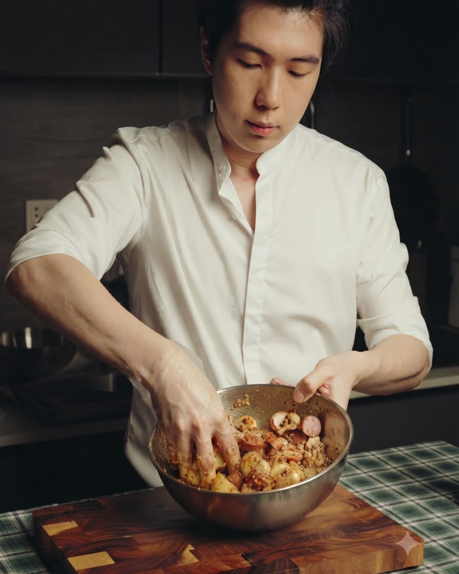 A person mixing seasoned potatoes, sausages, and mushrooms in a stainless steel bowl by hand.