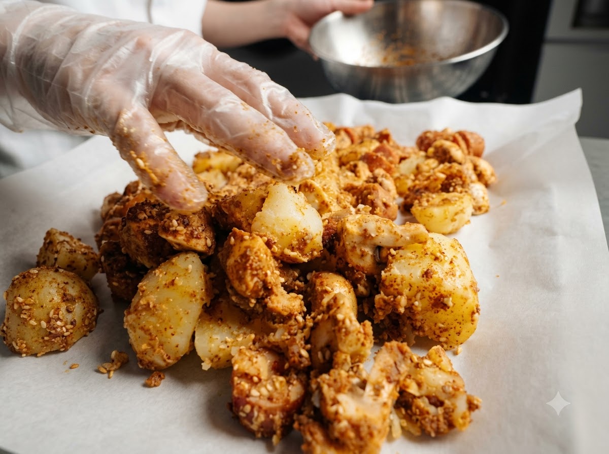 The seasoned potato and sausage mixture being spread out on a parchment-lined baking tray.