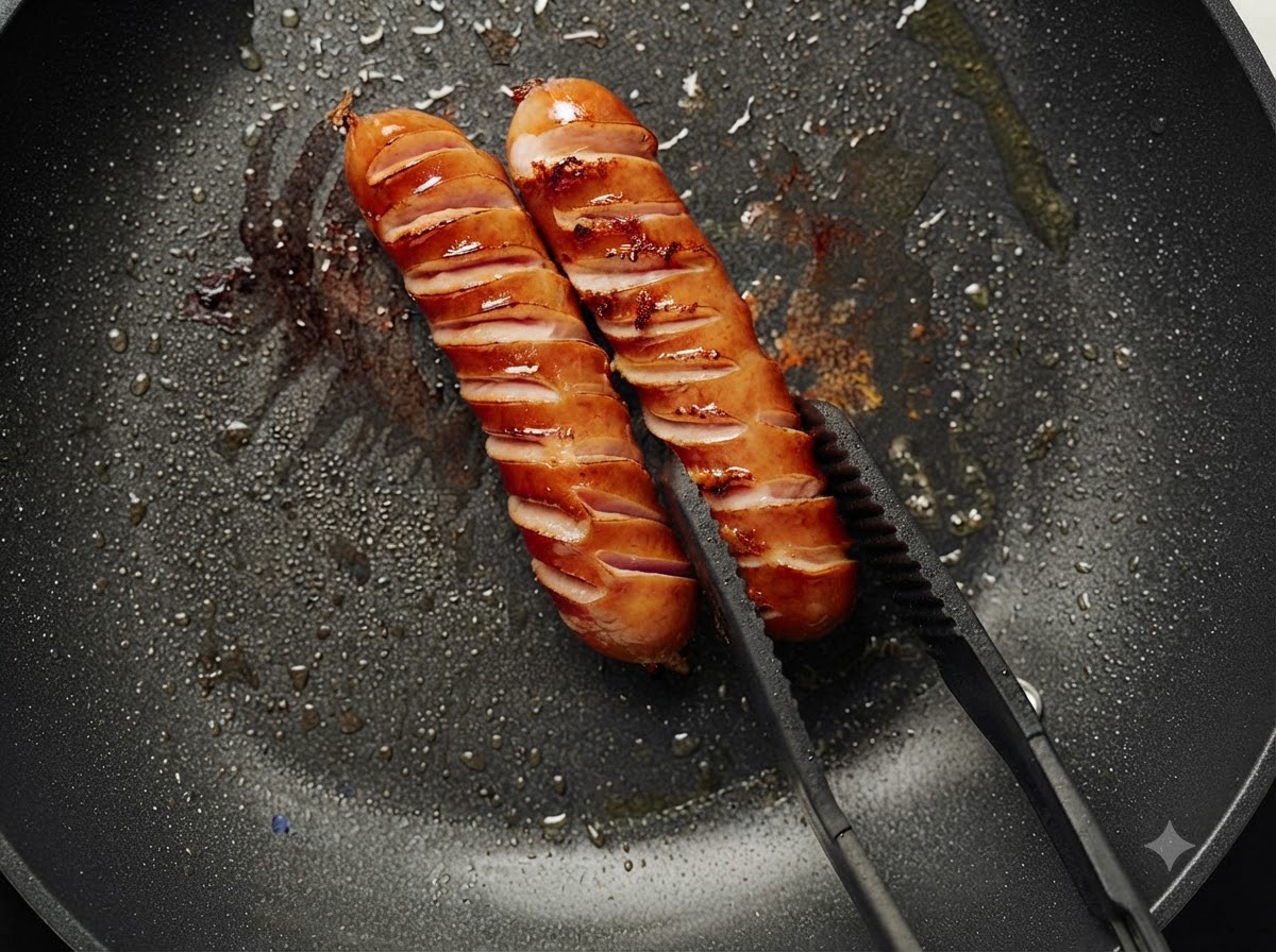 Two scored cheese sausages cooking and browning in a black skillet being held with tongs.