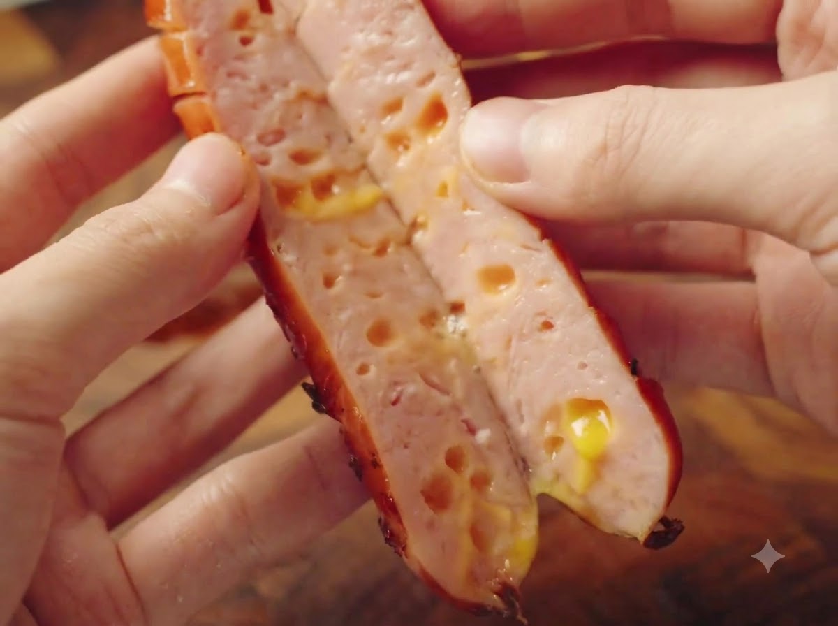 A freshly cooked cheese sausage cut open in half, showing melted yellow cheese inside.