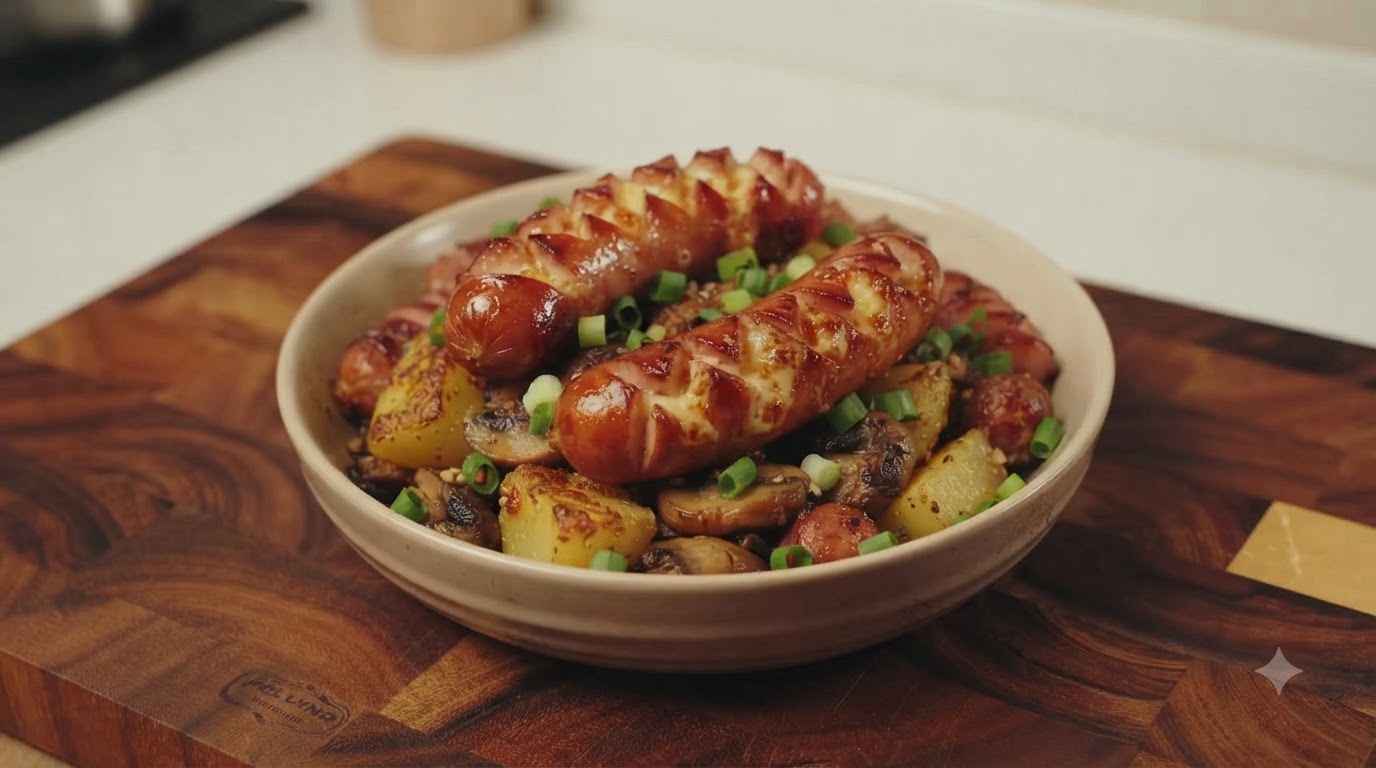 A rustic bowl filled with roasted potatoes, mushrooms, and sliced sausages, topped with pan-fried cheese sausages and fresh green onions.