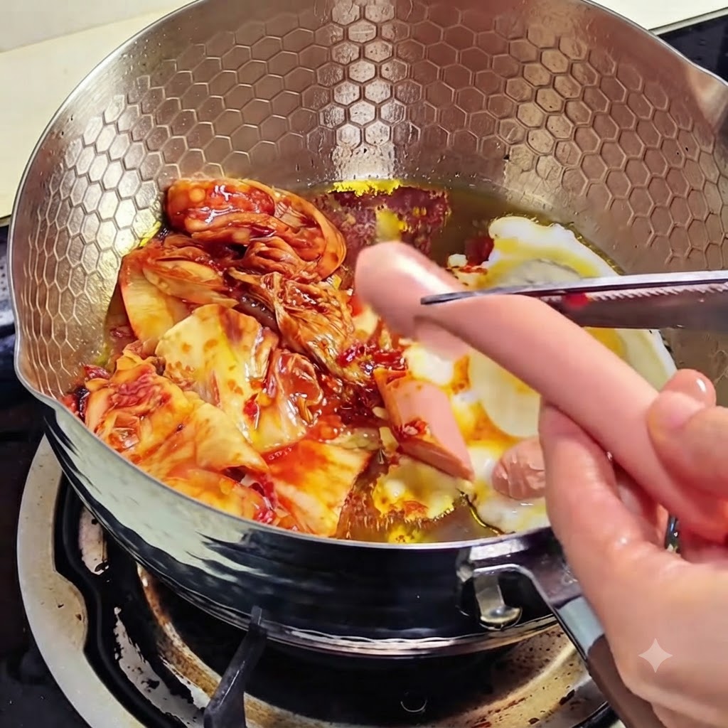 Kimchi stir-frying in a pan with an egg and sliced sausage pieces.