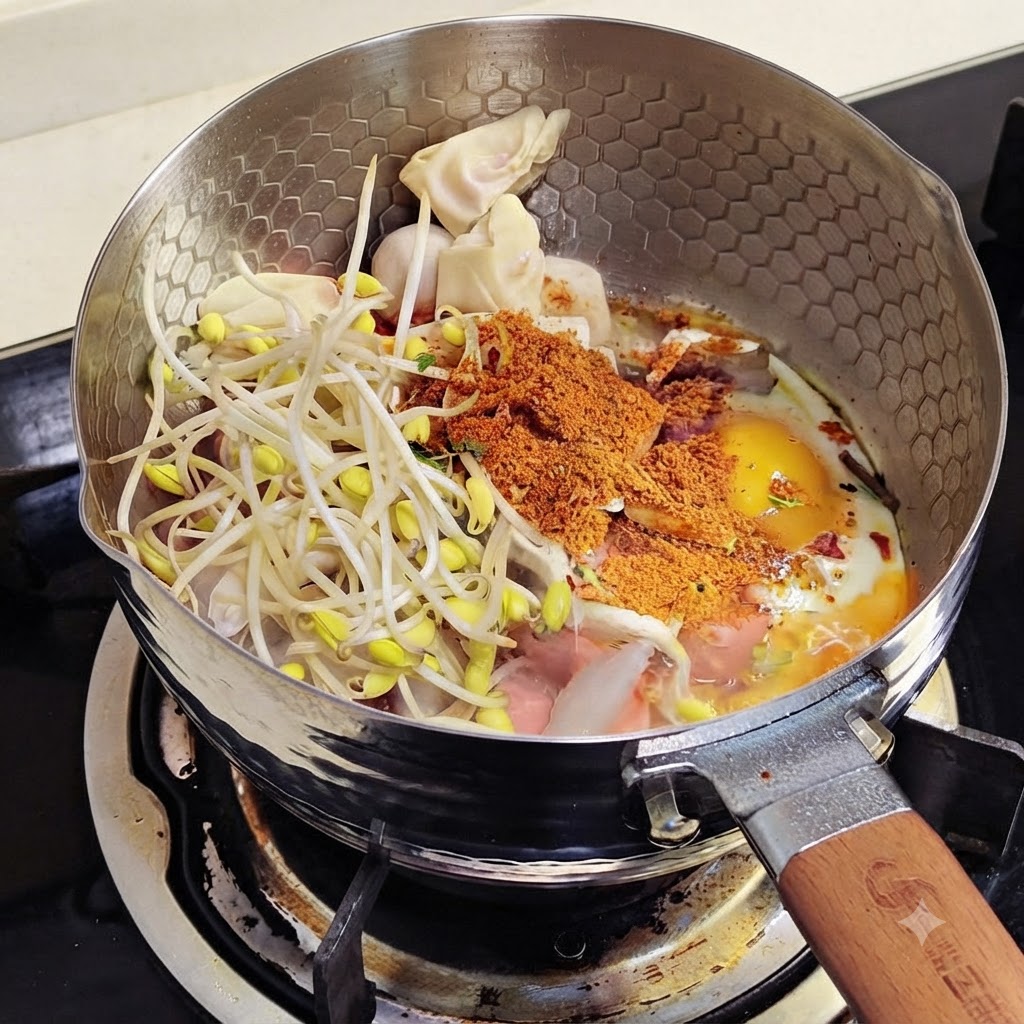 Seasoning powder and water added over ingredients in the cooking pan.