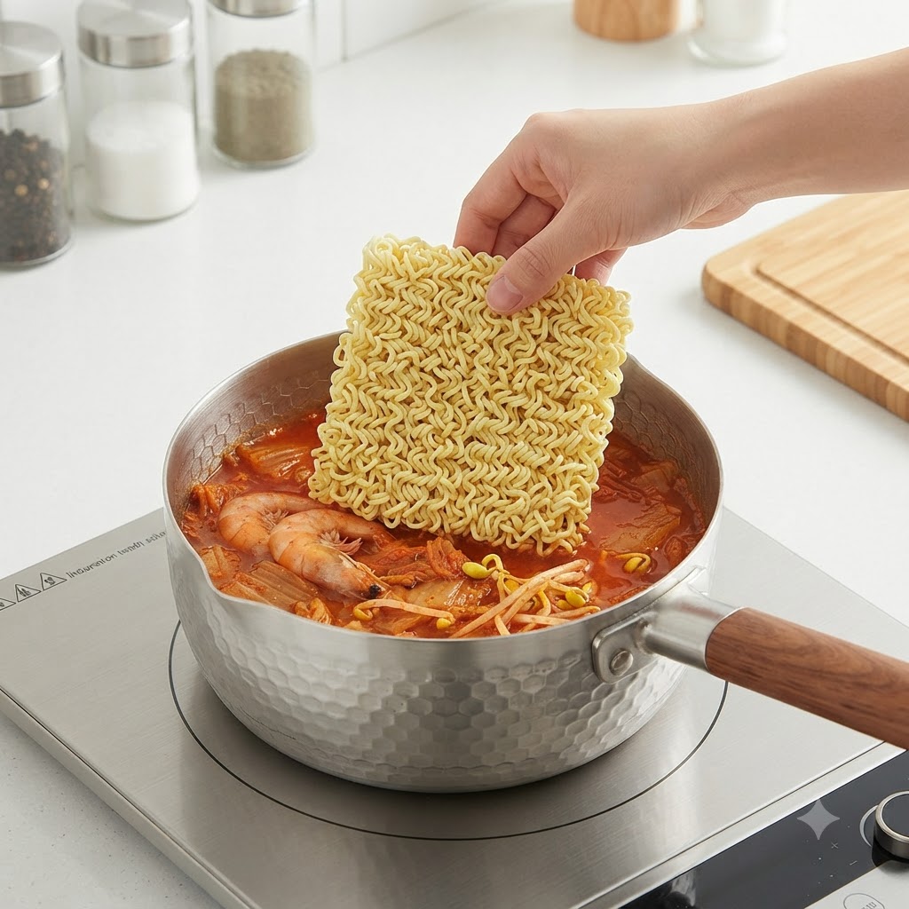 Ramen noodles being placed into a pot of boiling broth with shrimp and vegetables.