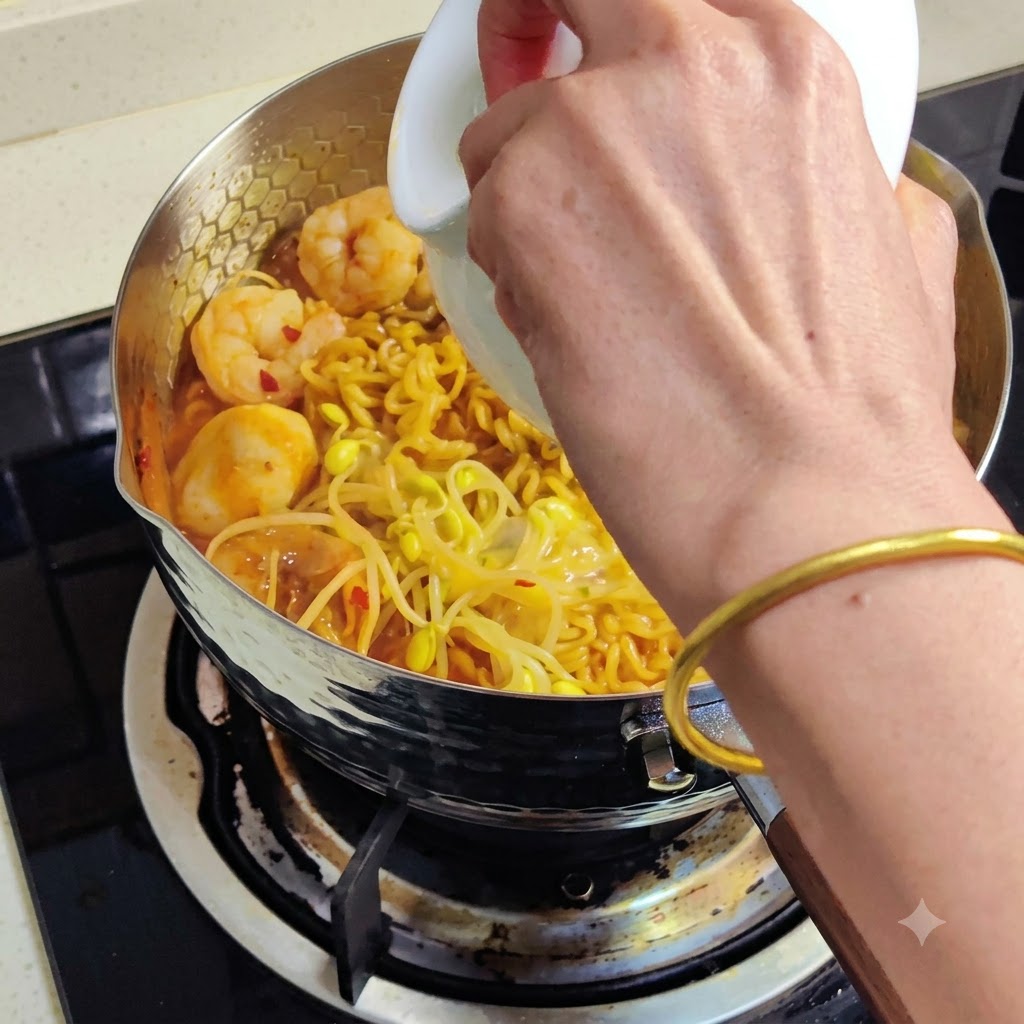Beaten egg being poured from a white container into the simmering noodle pot.