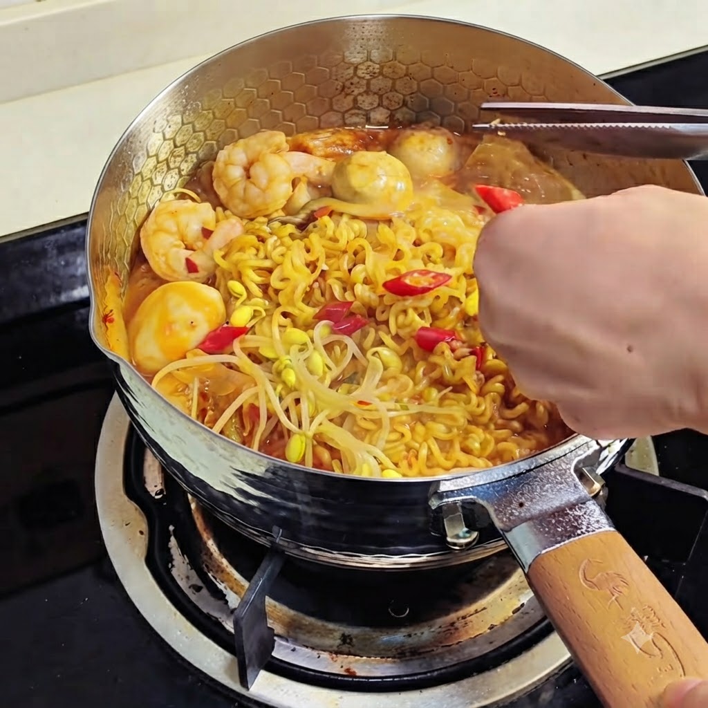 Chopped red chili peppers and green onions being sprinkled over cooked ramen noodles.