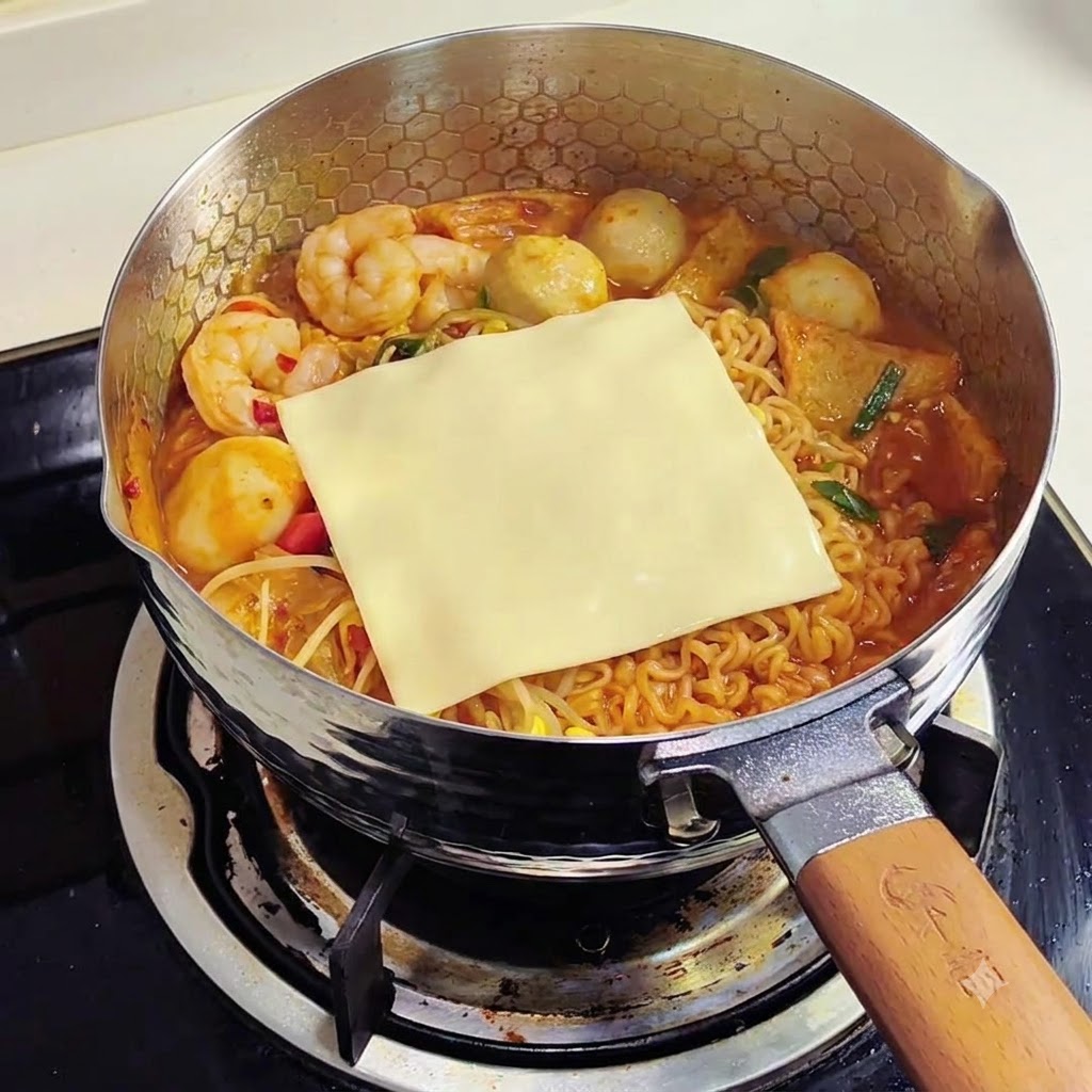 Two yellow cheese slices placed on top of steaming ramen noodles in a pan.