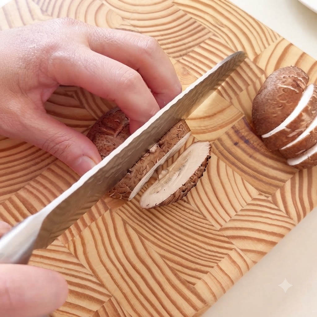Shiitake mushrooms and ham sausage being thinly sliced on a wooden chopping board with a knife.