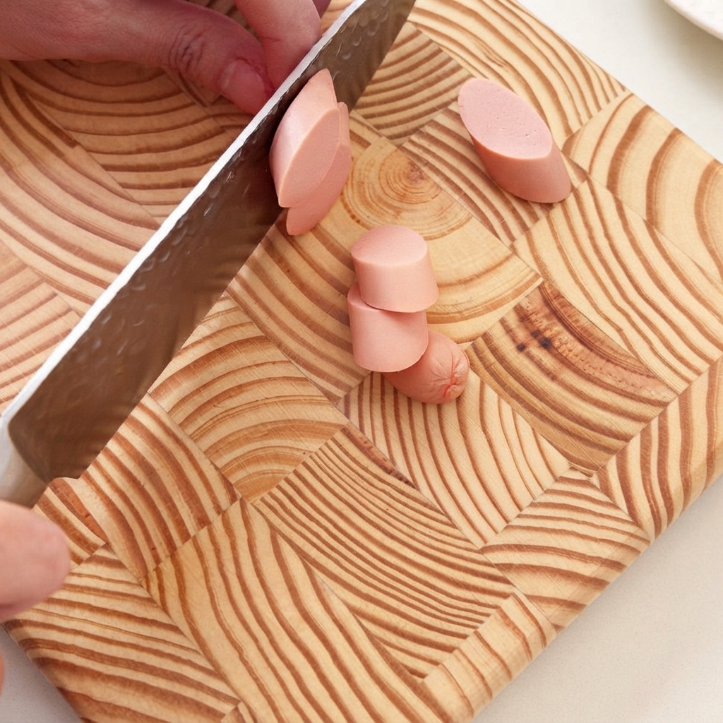 White tofu block being diced into small squares on a wooden cutting board.