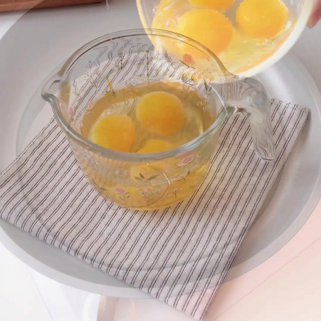 Raw eggs being poured from a measuring container into a heated oiled pan.