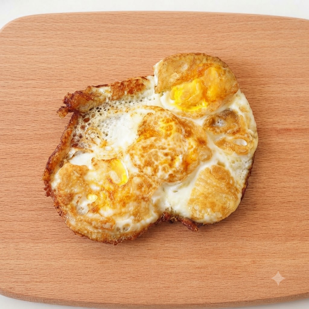 A cooked fried egg with crispy edges being sliced into smaller portions on a patterned paper sheet.