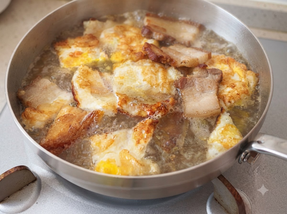 Sliced mushrooms, ham sausages, and white tofu pieces being placed into the pot of broth.