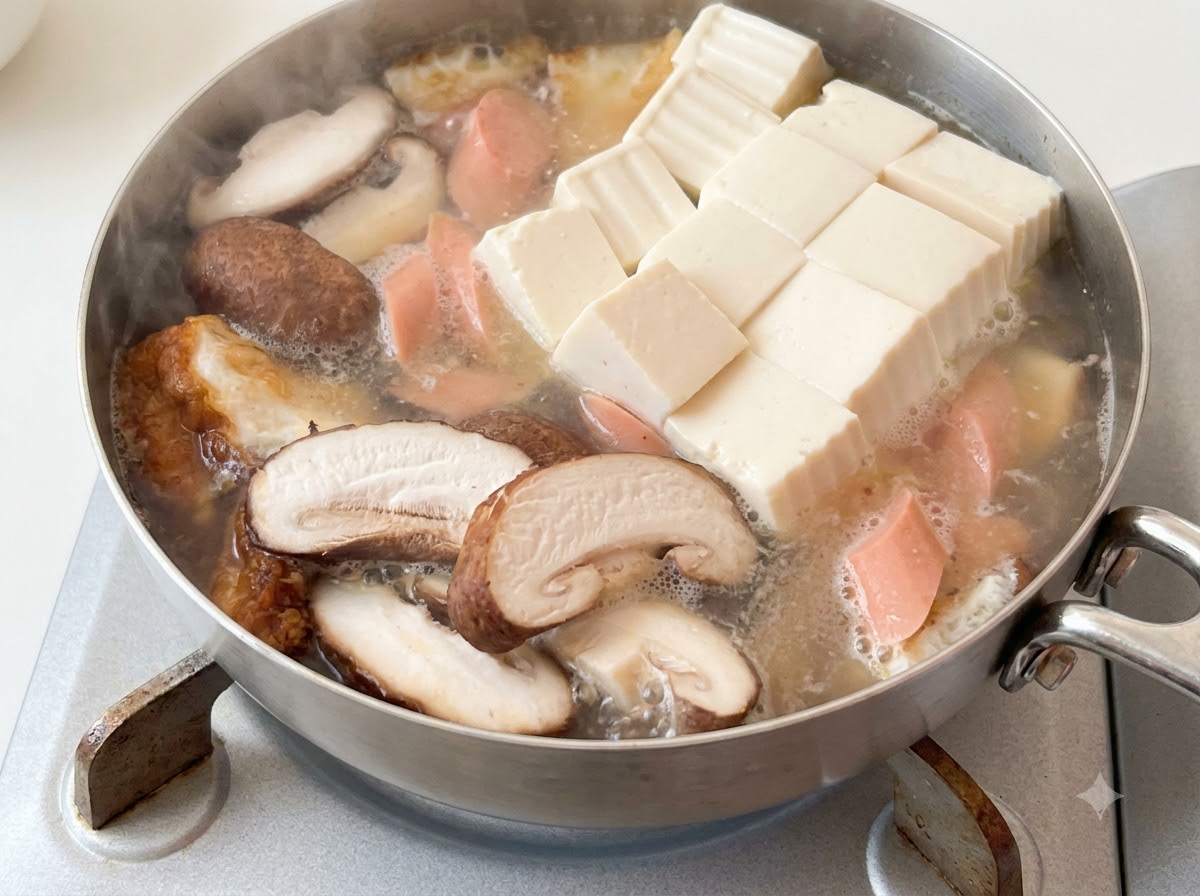 A measuring spoon adding salt into the boiling soup pot.