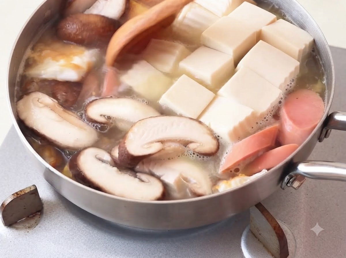 Fresh napa cabbage leaves being added into the simmering soup using a wooden spoon.