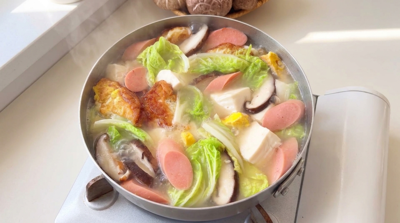 A simmering pot of Three Fresh Soup with pan-fried eggs, napa cabbage, tofu, shiitake mushrooms, and ham sausage in a rich milky broth