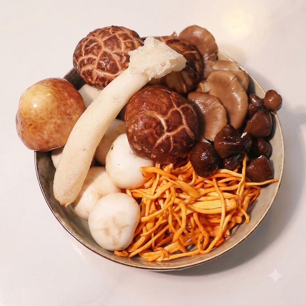 A close-up overhead shot of a ceramic bowl filled with an assortment of raw, unwashed mushrooms of different shapes and colors.