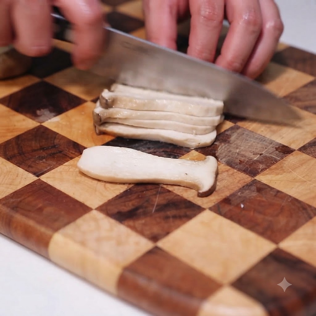 A chefs knife slicing individual mushrooms into neat, uniform pieces on a checkered wooden cutting board.