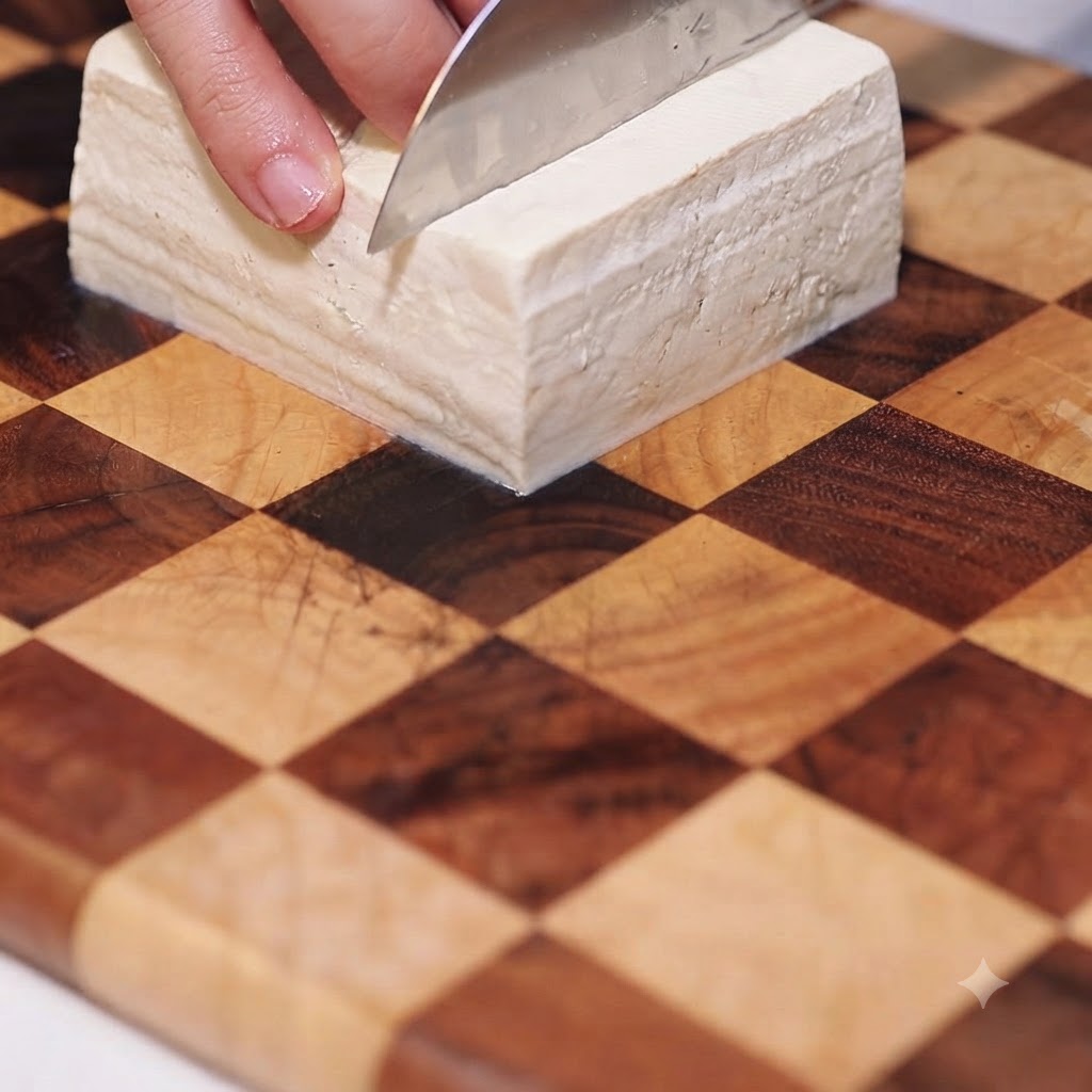 A hand holding a knife slicing a thick block of firm white tofu into neat triangular portions on a cutting board.