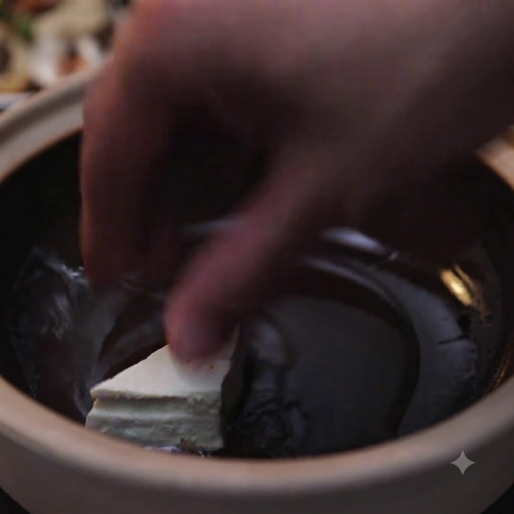 A hand placing a triangle of firm tofu into a hot claypot filled with oil to pan-fry until golden.