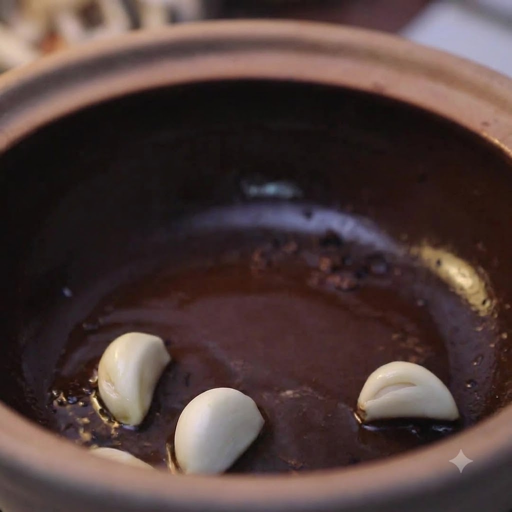 Several peeled garlic cloves sizzling in hot oil inside a dark earthenware claypot.