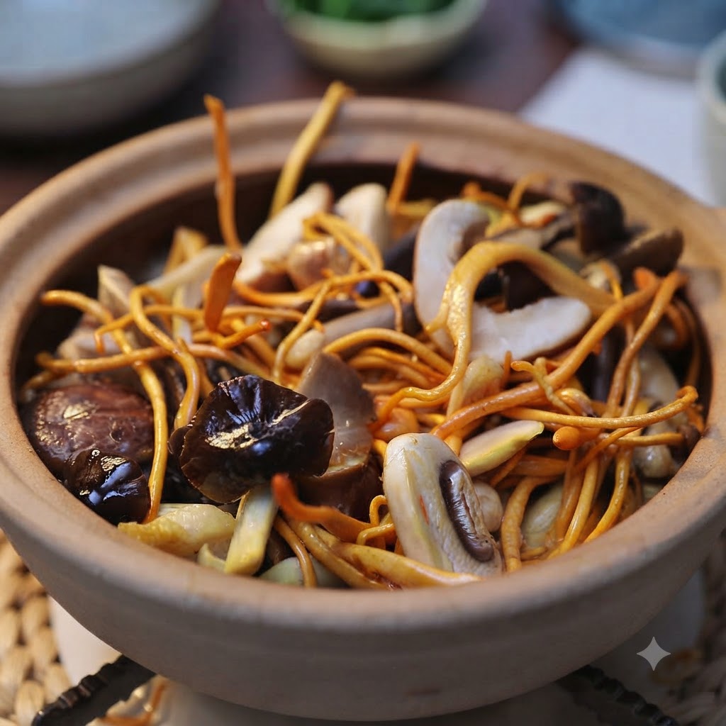 A claypot filled with a dense mixture of sautéed mushrooms and golden-brown fried tofu arranged neatly on top.