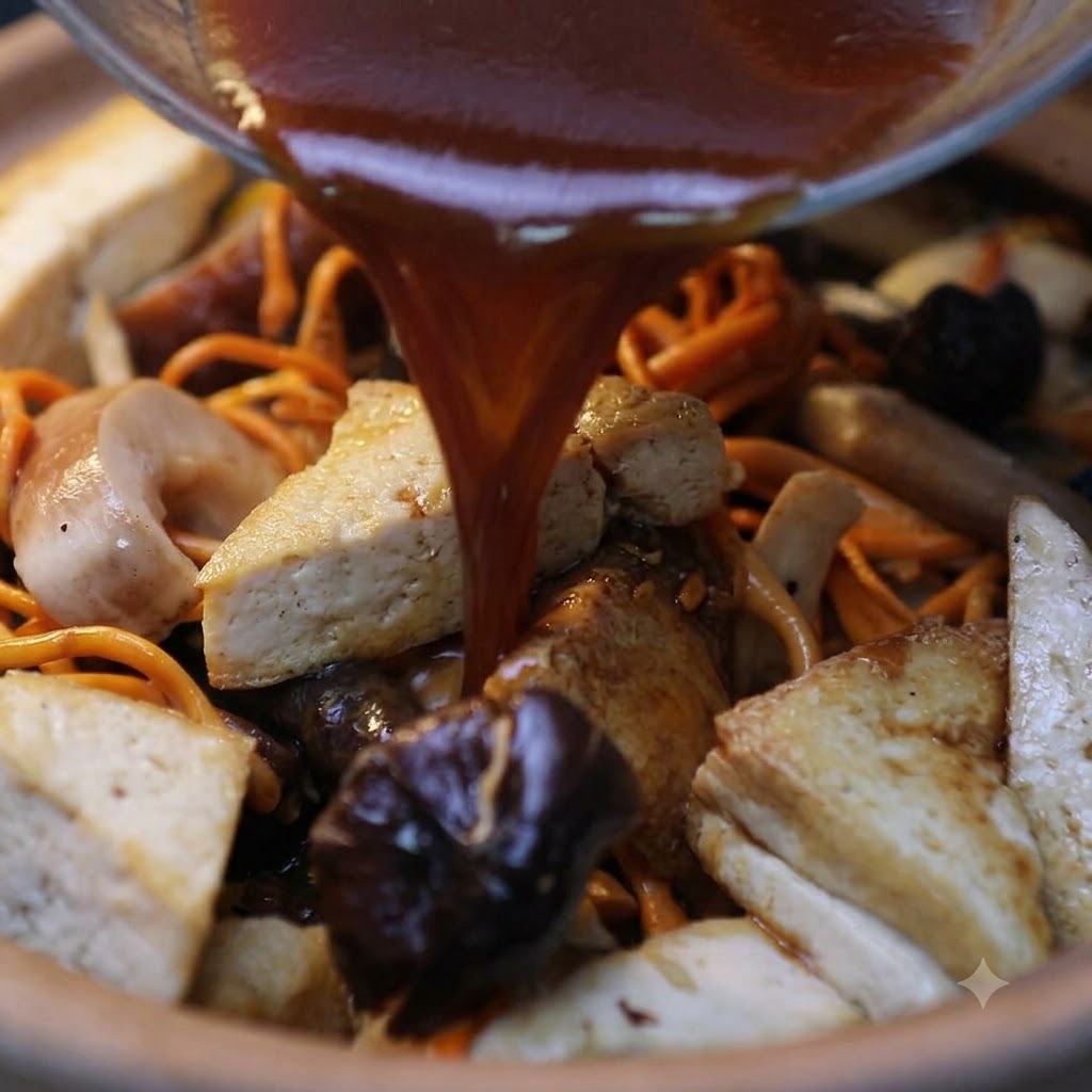 A dark brown savory sauce being poured from a glass bowl over fried tofu and various mushrooms inside a claypot.