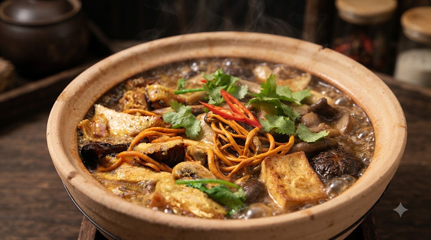 Mixed Mushroom and Tofu Claypot (Buddha Jumps Over the Wall Style)