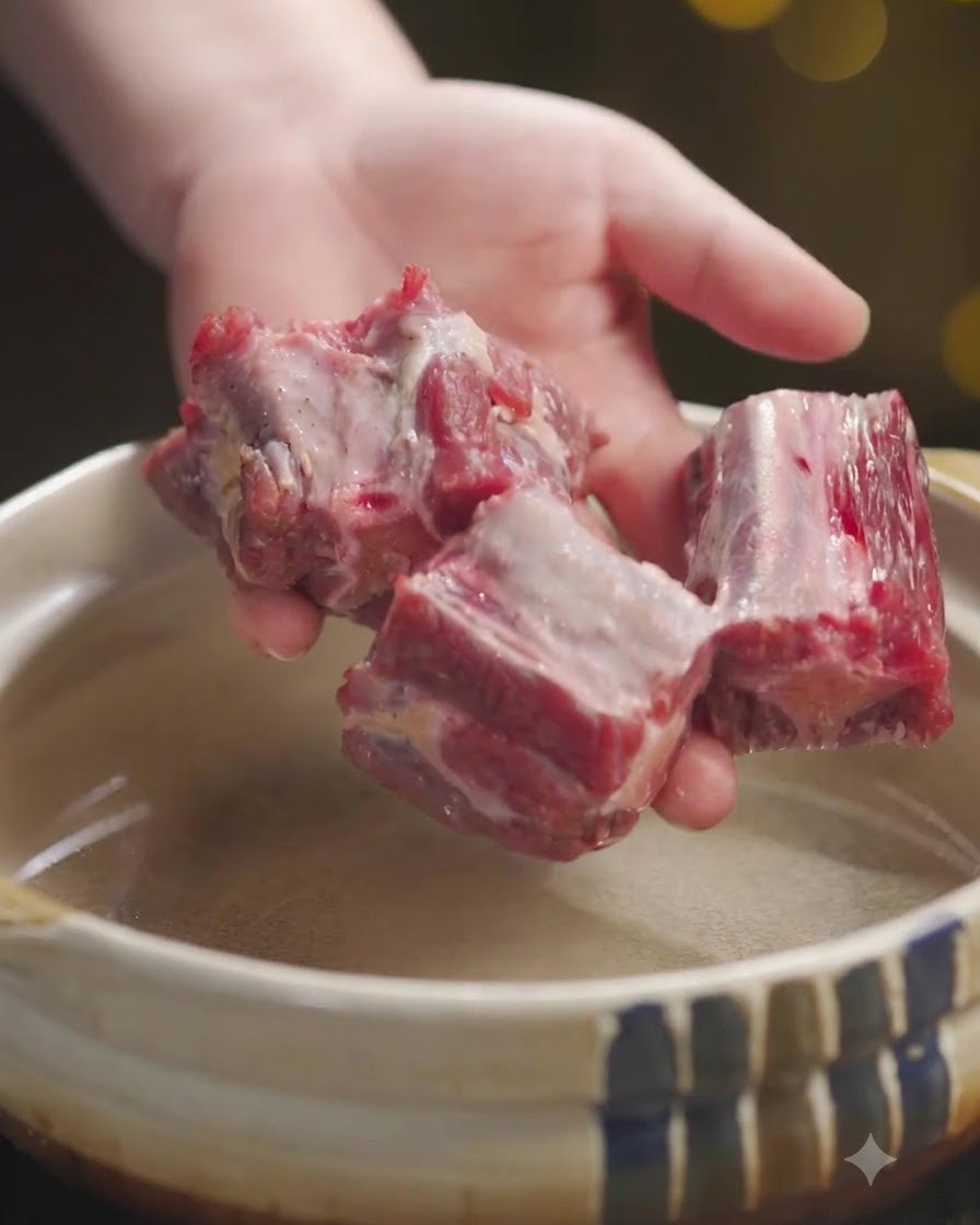 Beef tail bones held over a clay pot filled with water, ready for blanching.