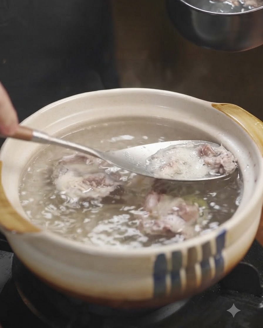 A metal ladle scooping foam from a pot of simmering beef bones.