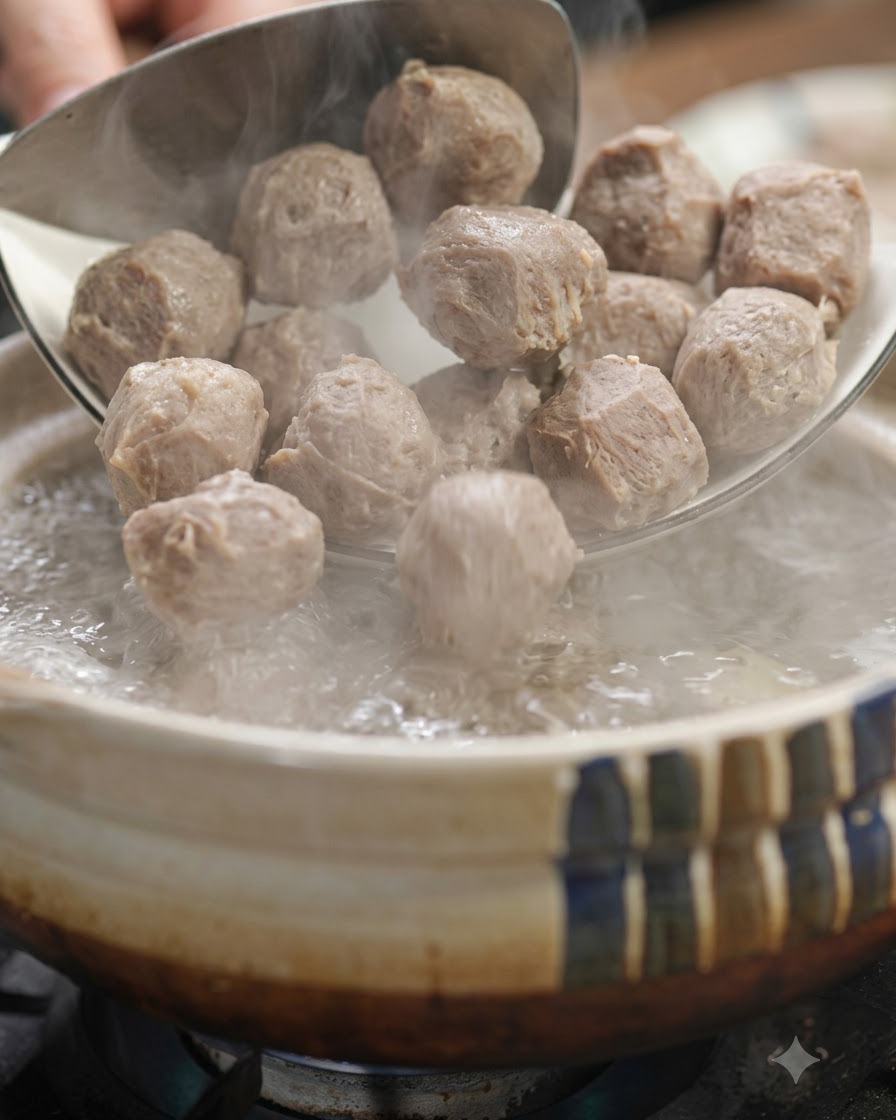 Beef balls being dropped from a spoon into a pot of boiling water.