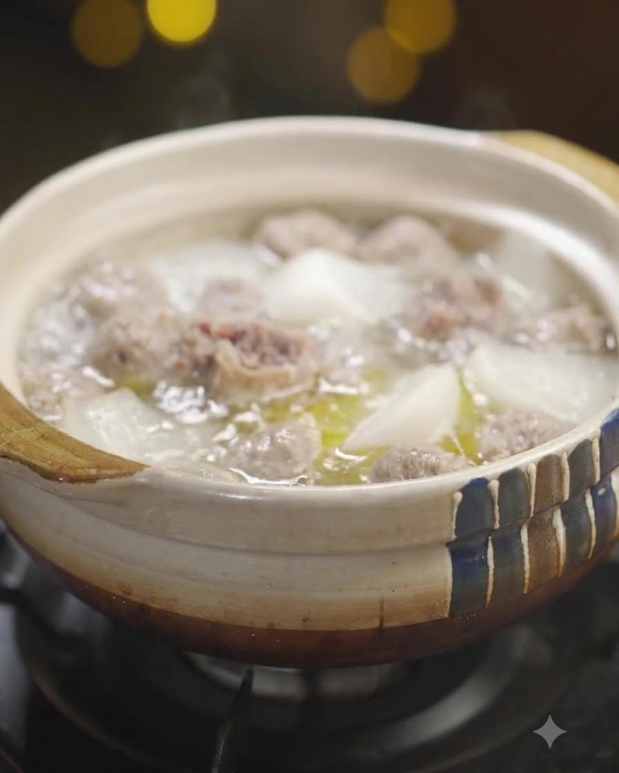 Finely chopped fresh cilantro being sprinkled on top of a hot ceramic pot filled with beef ball and radish soup.