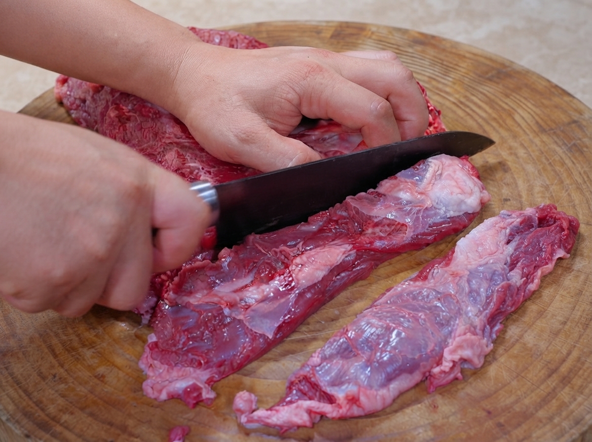 Hands using a kitchen knife to slice raw beef into long strips and uniform chunks on a round wooden cutting board.