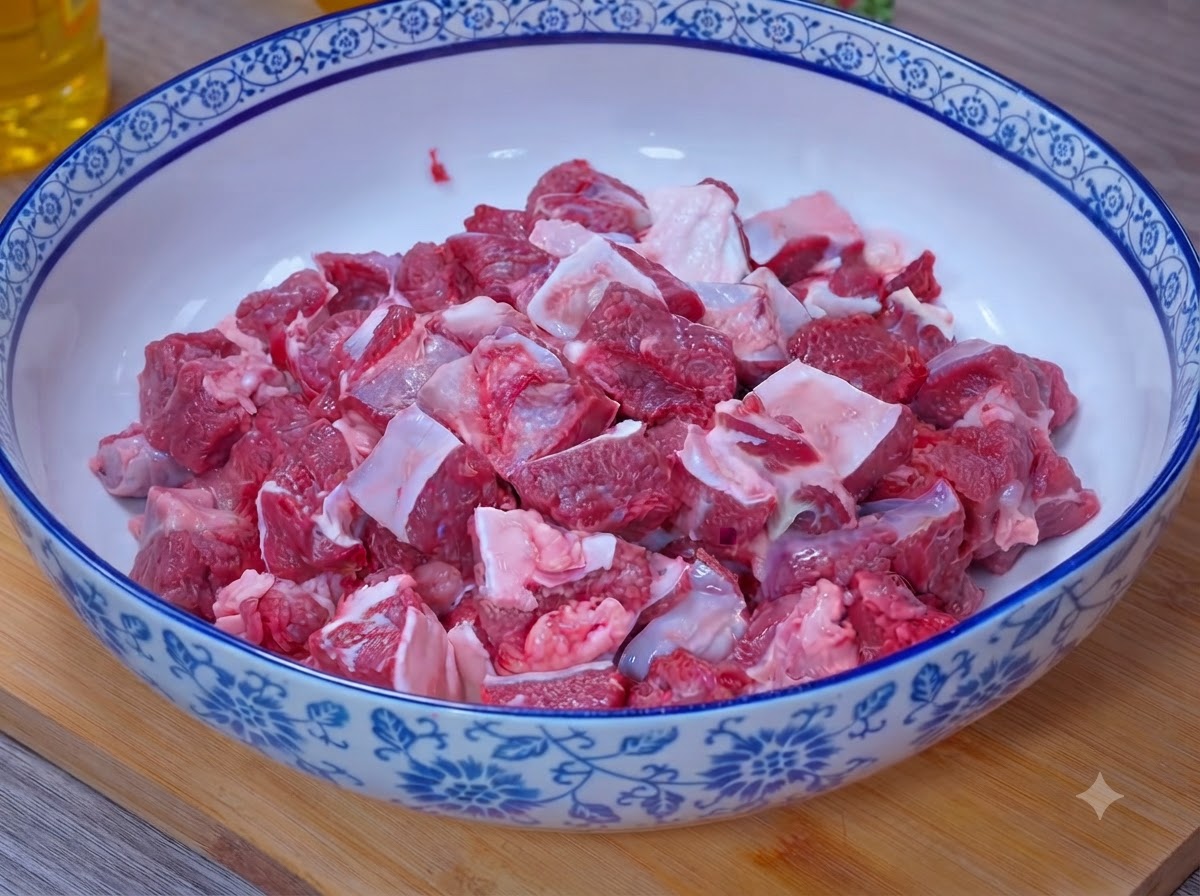Beef chunks inside a large bowl with salt sprinkled on top.