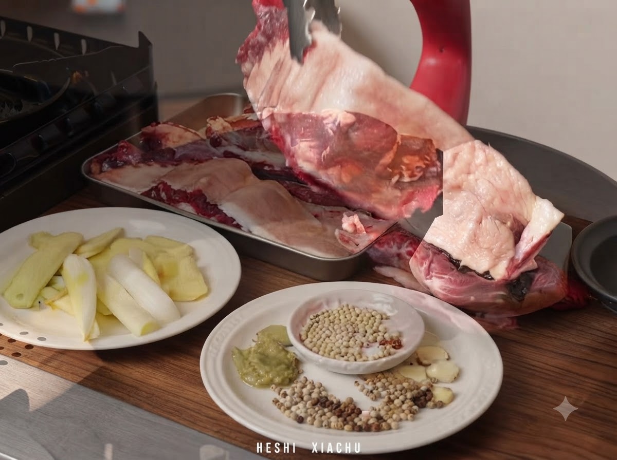 Raw beef brisket pieces being added to a pan filled with cold water, ginger, and scallions.