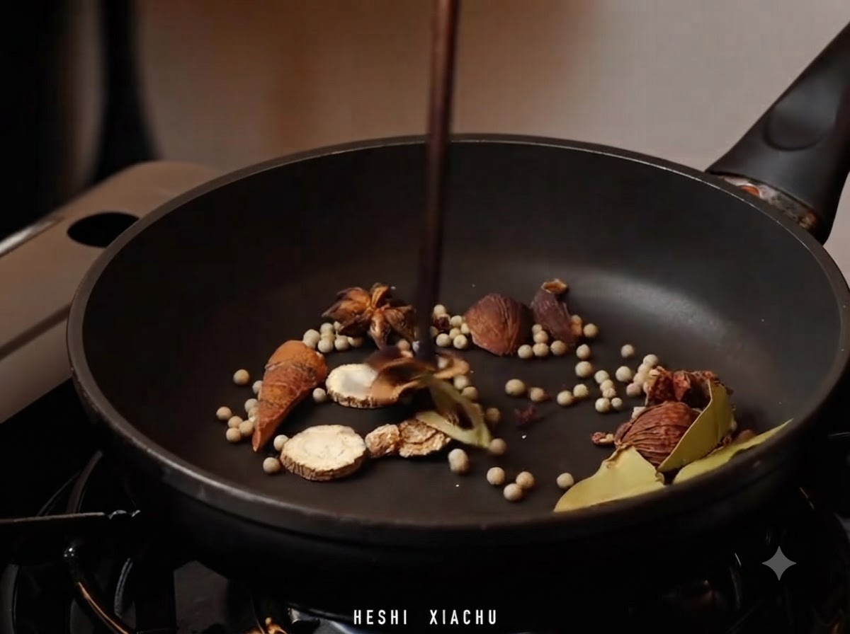 Various dried spices and white peppercorns being toasted in a frying pan using chopsticks.
