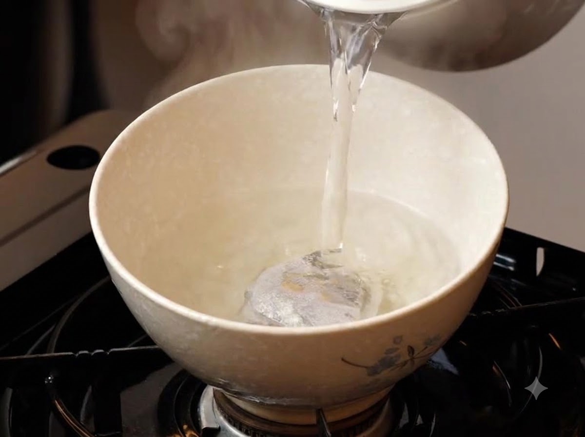Boiling water being poured from a kettle into a ceramic bowl containing a sealed spice bag.