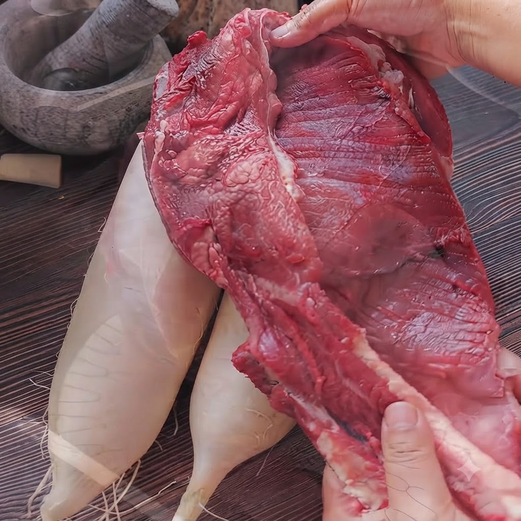 Raw beef flank being washed under a kitchen sink tap.
