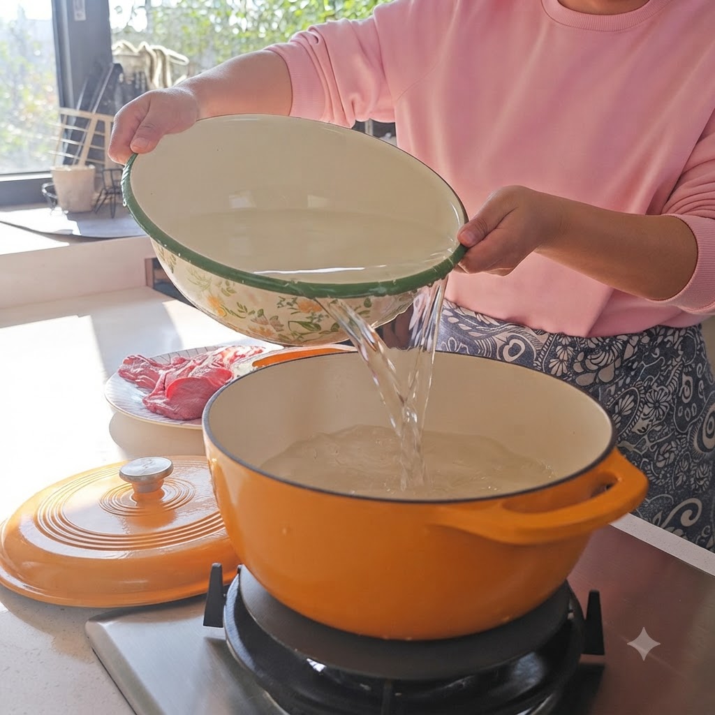 Water being poured from an enamel bowl into an orange Dutch oven on a stove.