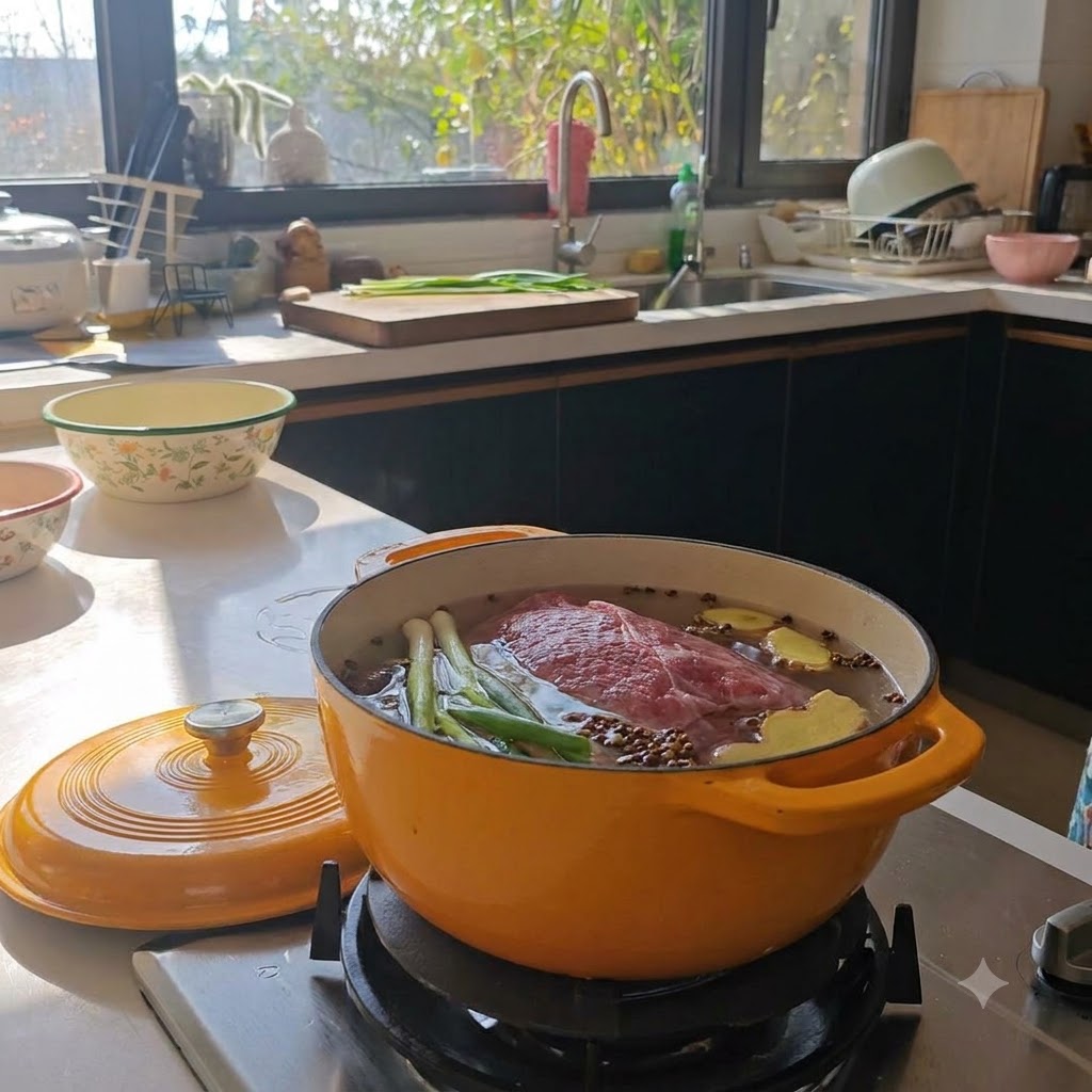 Raw beef flank, scallions, and peppercorns submerged in cold water inside an orange pot.