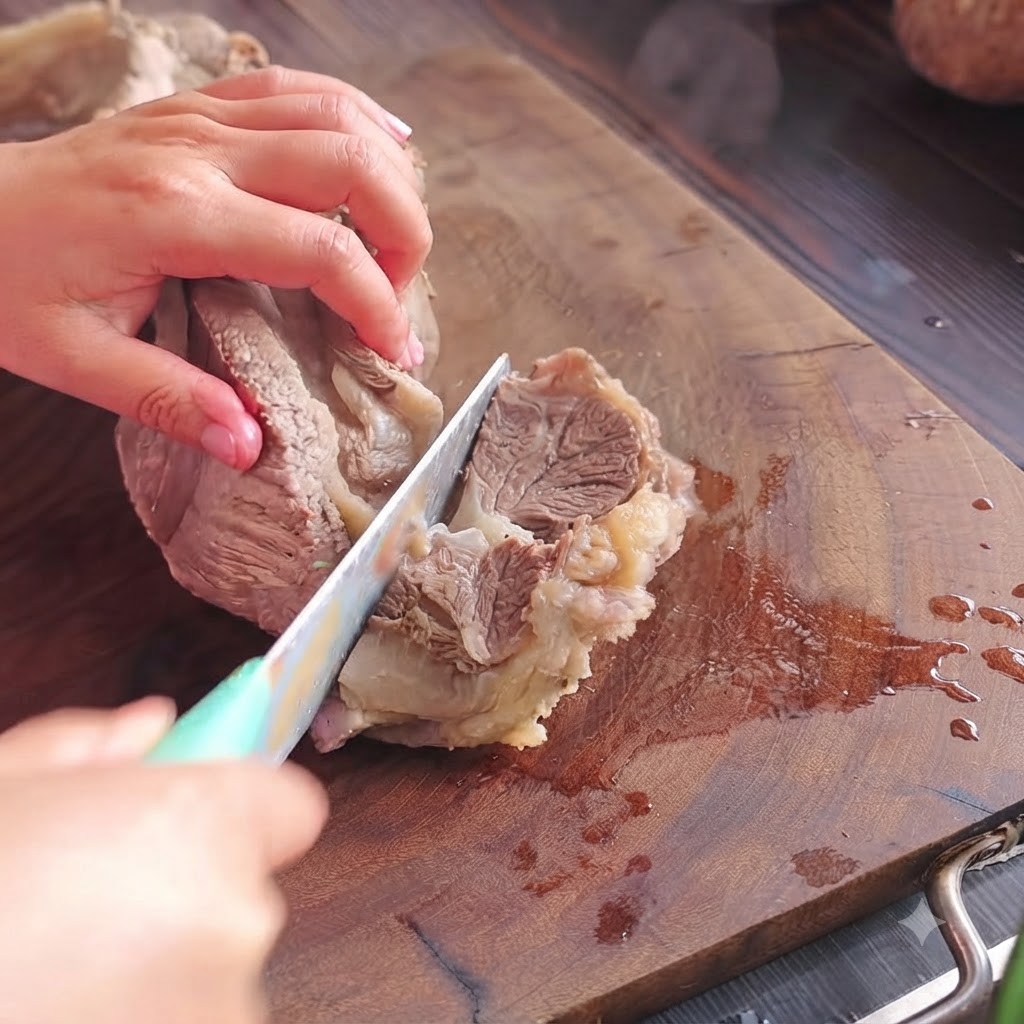 Cooked beef flank being sliced into large pieces with a green-handled knife on a wooden board.