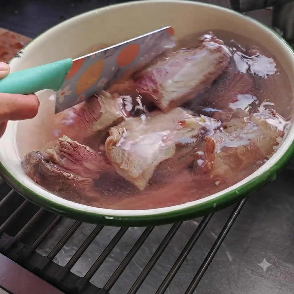Cooked beef pieces soaking in hot water inside a deep green-rimmed bowl.